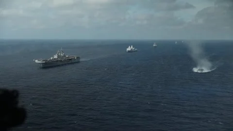 Aerial view of USS Bataan LHD 5 sailing with USS Mesa Verde LPD 19 Stock Footage 266248287