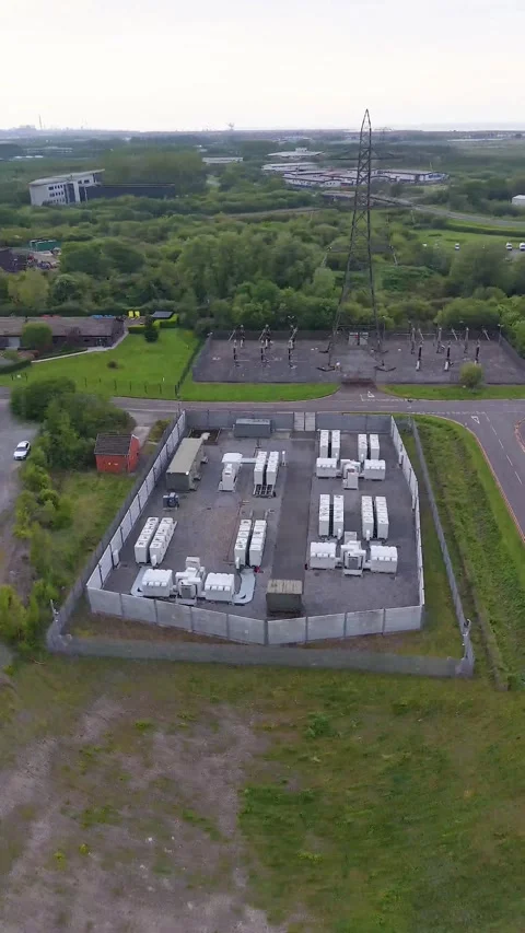 Aerial view of utility scale battery energy storage system facility with el.. Stock Footage 337748636