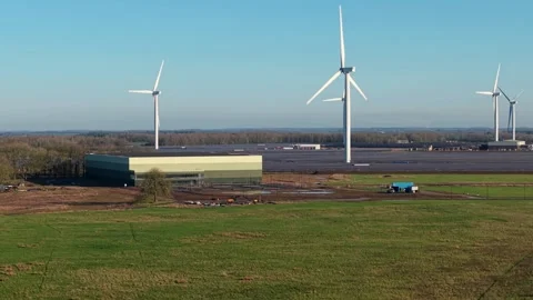 Aerial view of a utility scale clean technology site producing zero carbon Stock Footage 337220771