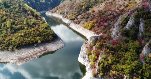 Aerial view of Uvac River bend and cliffs, Serbia Stock Footage 325218886