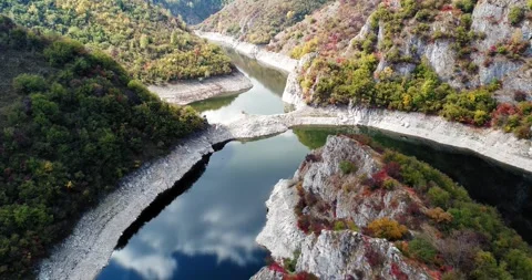 Aerial view of Uvac River junction and canyon walls, Serbia Stock Footage 325218968