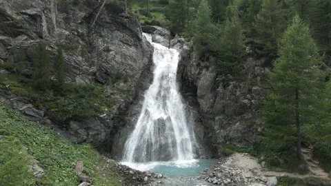 Aerial view of Val Nera Waterfall in Livigno Italian Alps Video stock 256239493