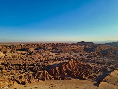 Aerial view of Valle de la Luna at golden hour, Atacama Desert, Chile. Stock Photos