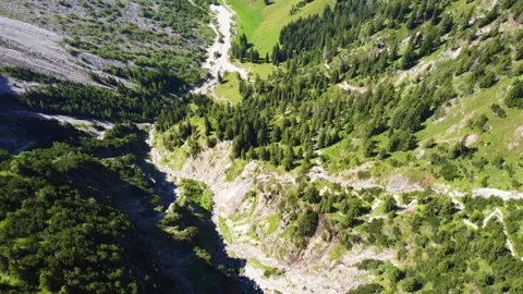 Aerial View of Valley and Stream from Unterer Gaisalpsee Stock Footage 282444176