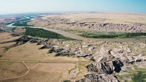Aerial view of the valley Red Deer River, Dinosaur Provincial park Alberta Stock Footage 233375471