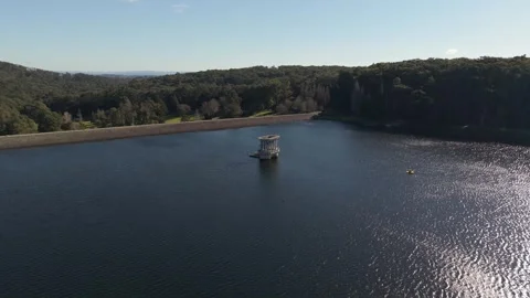 Aerial view of the valve tower at Silvan Reservoir Park, Australia. Stock Footage 345069570