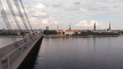 Aerial view, Vanšu Bridge,  Daugava River in Riga, Latvia Stock Footage 199592310