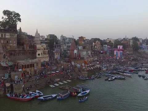 Aerial view of Varanasi on the Ganges Video stock 73779963