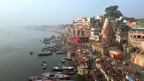 Aerial View of the Varanasi Ghats on the... | Stock Video | Pond5