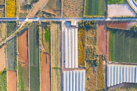 Aerial view of the various fields of crops and greenhouses plants. 스톡 사진