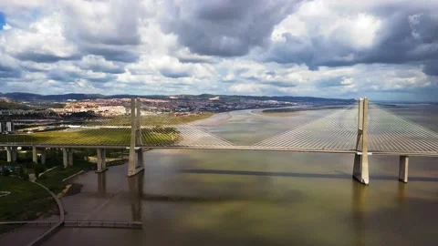 Aerial view of the Vasco da Gama bridge in Lisbon, Portugal.  Stock Footage 131835320