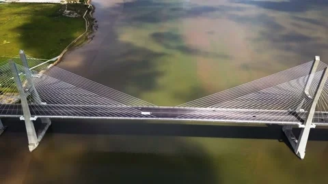 Aerial view of the Vasco da Gama bridge in Lisbon, Portugal. Top view of the Stock Footage 131844003