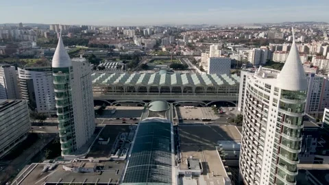 Aerial view of the Vasco da Gama bridge in Lisbon, Portugal. Top view of the lon Stock Footage 146643503