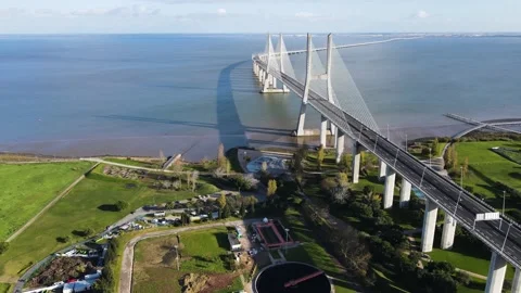 Aerial view of Vasco da Gama bridge. Stock Footage 152743876
