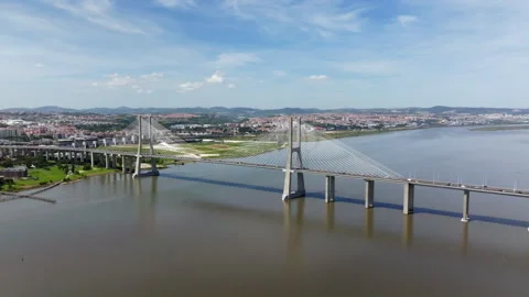 Aerial View of Vasco da Gama Bridge in Lisbon Stock Footage 332414577