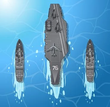 Aerial View Vector Illustration of Naval Fleet with Aircraft Carrier Stock Illustration