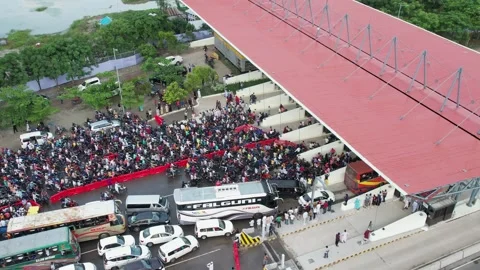 Aerial view of the vehicles are on queue of toll plaza Padma bridge Stock Footage 247696017