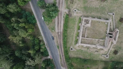 Aerial View of Venetian Devil Castle Ruins and Railway Museum Stock Footage 325813374
