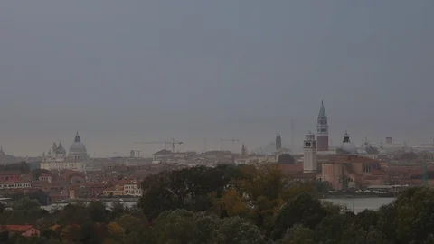 Aerial view of Venice on a cloudy day with trees in the foreground Stock Footage 101039986
