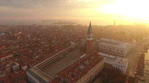 Aerial view of Venice, St Mark's square. Scenic video taken at sunrise. Stock Footage