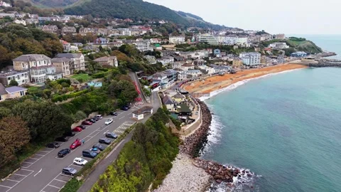 Aerial view of Ventnor beach, harbour and coastal town, Isle of Wight Stock Footage 337030472