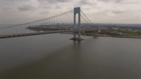 Aerial view of Verrazano–Narrows Bridge. Camera freezes. New York Harbor. Video stock 58571987