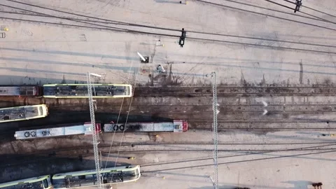 Aerial view of the versatile railroad, passenger train and freight train. Stock Footage 136596904