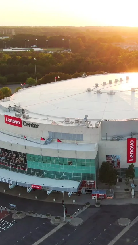 Aerial View Vertical Panning Shot of Lenovo Center Arena Facade at Sunset Stock Footage 335549745