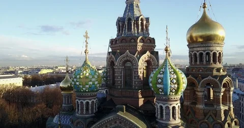 Aerial view (vertical pano): Facade of Church of the Savior on Blood at sunset Stock Footage 74479459