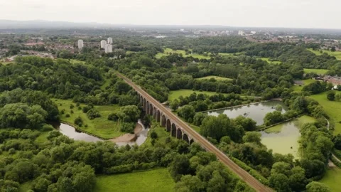 Aerial View, of Viaduct in Reddish Vale, Stockport, Manchester Stock Footage