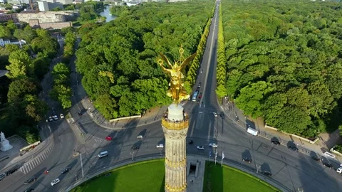 Aerial view of Victory Column in Berlin, Germany, heart of Tiergarten Park Stock Footage 260343430