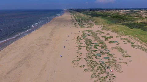 Aerial view video clip of expansive pristine sandy beach, coastal sand dune 動画素材 341684015
