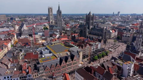 Aerial view video clip of iconic three towers of Ghent in Belgium featuring Stock Footage 341461683