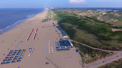 Aerial view video clip of Katwijk aan Zee coast in Netherlands, showing Stock Footage 341486835