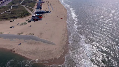 Aerial view video clip of Katwijk aan Zee sandy beach, Oude Rijn river 動画素材 341801798