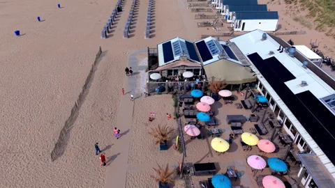 Aerial view video clip of Katwijk aan Zee beach resort, Surf Beach restaurant Video stock 342124194