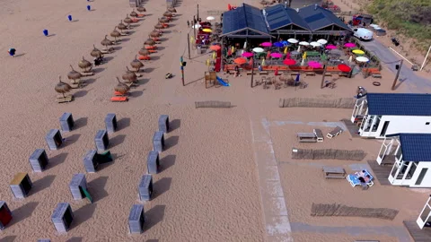 Aerial view video clip of Katwijk aan Zee beach resort, modern white beach Stockbeeldmateriaal 342124308
