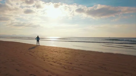 Aerial view video of fit woman standing on beach Stock Footage 59073006