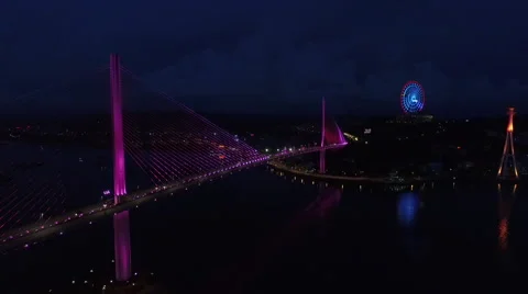 Aerial view of Vietnam cable-stayed bridge at night Stockbeeldmateriaal 65118081