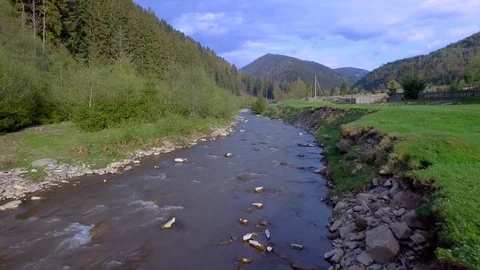 Aerial view. View from above. View of mountain river near the forest. Blue Stock Footage 73802892