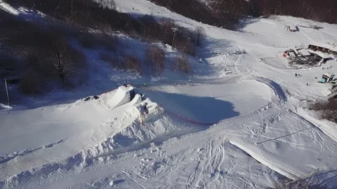 Aerial view: View of the extreme ski jump. Winter sports. Skis. Transcarpathia Stockbeeldmateriaal 166387940