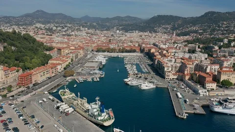 Aerial view. View of Old Port of Nice with luxury yacht boats, France. 库存影片 119781727