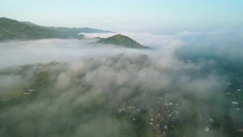 Aerial view, a view of rice fields and hills shrouded in mist in the morning Stock Footage 196261549