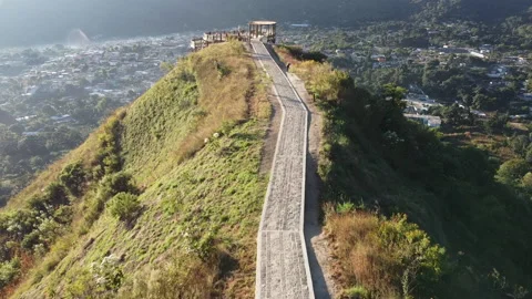 Aerial view viewpoint in the middle of the mountain at sunrise in Atitlan lake Stock Footage 147945467