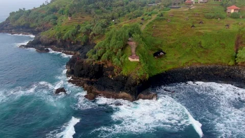 Aerial view on viewpoint platform on cliff near Menganti beach on Java Stock Footage 148118020