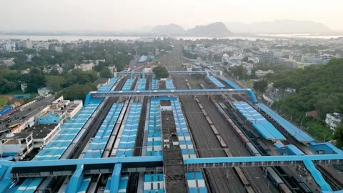 Aerial view of Vijayawada train Junction , has 10 platforms and biggest tra.. Stock Footage 246727874