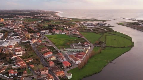 Aerial view of Vila do Conde and river Ave, Portugal. Stock Footage 340041767