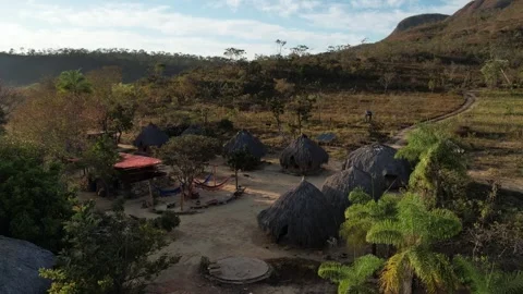 Aerial view village in Chapada dos Veadeiros "Aldeia Macaco" hollow-shaped 스톡 동영상 252255232