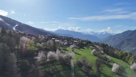 Aerial view of a village by spring, with chalets and houses Stock Footage 339222417