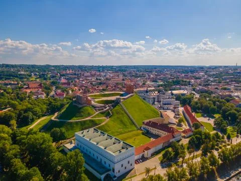 Aerial view of Vilnius old town roofs and Gediminas castle on the hill Stock Photos
